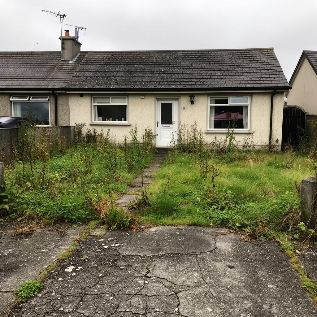 Concrete tile roof on a bungalow with heavy moss growth along every course