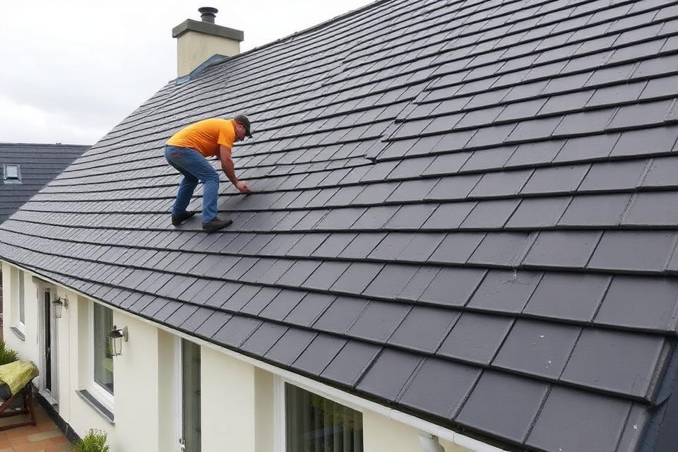 Roofer on a slate roof beside a rendered chimney stack in Dublin